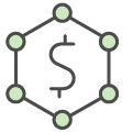 A dollar sign is enclosed by a hexagram with circle at each point